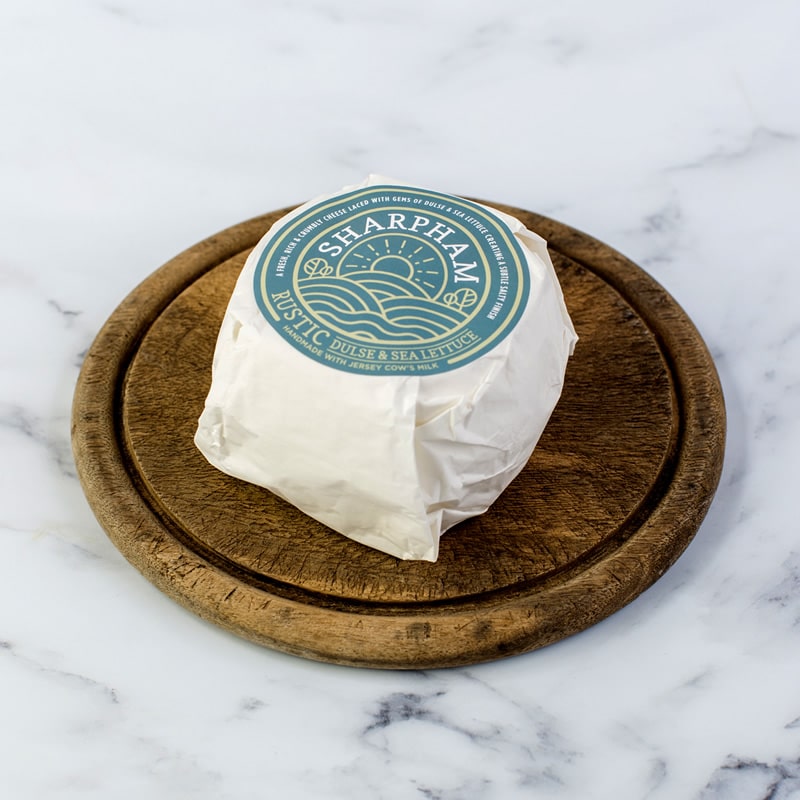 Sharpham Rusti Dule and Sea Lettuc Cheese branded label