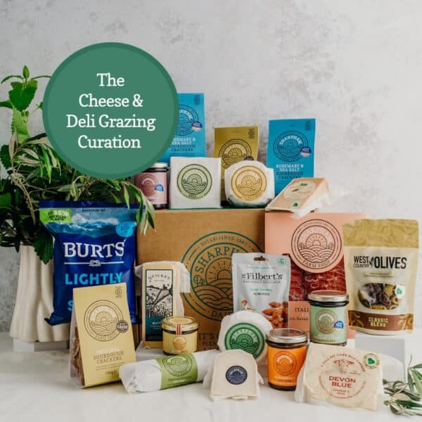 Sharpham Deli Grazing Curation_Collection with cheese, crackers, olives, crisps, charcutier