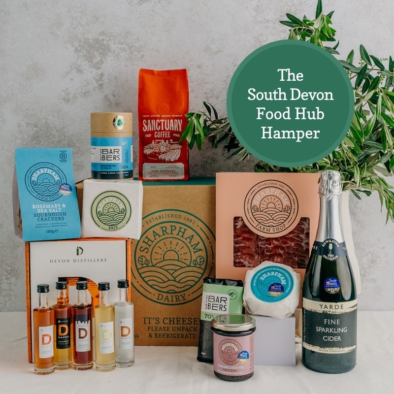 A collection of artisan food and drink from producers based at the The South Devon Food Hub, including Sharpham Dairy cheese, crackers and charcutier