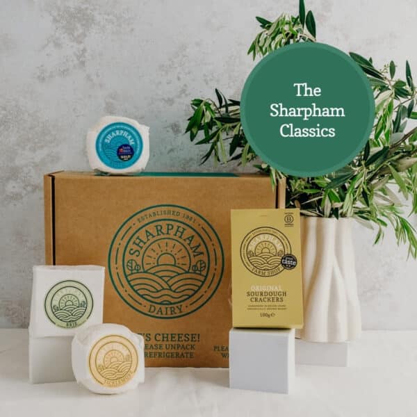 The Sharpham Classics Cheese Hamper containing brie, Rustic, Ticklemore and original sourdough crackers